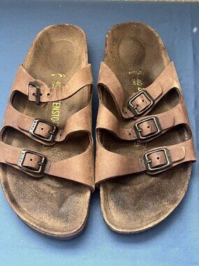 Birkenstock 3 Strap Brown Leather Slip On Sandals L9 M7 Womens 9 Mens 7 BIRKS